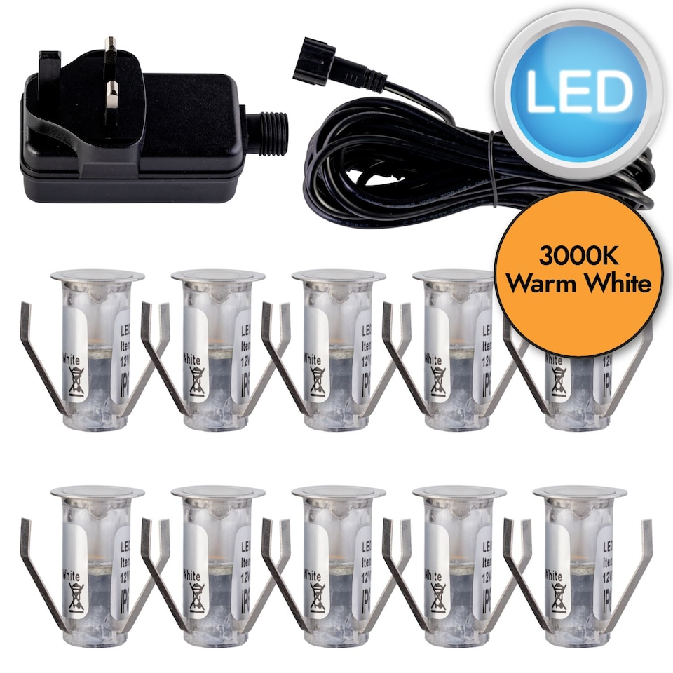 image 1 of Set of 10 - 15mm Stainless Steel IP67 Warm White LED Decking Kit | Chrome | Clear | 10