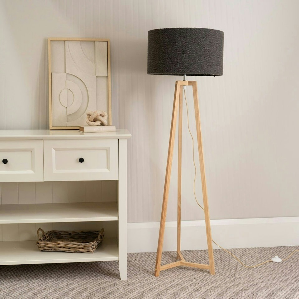 image 1 of ValueLights Lottie Natural Wood Tripod Floor Lamp with Charcoal Boucle Drum Shade and LED Bulb