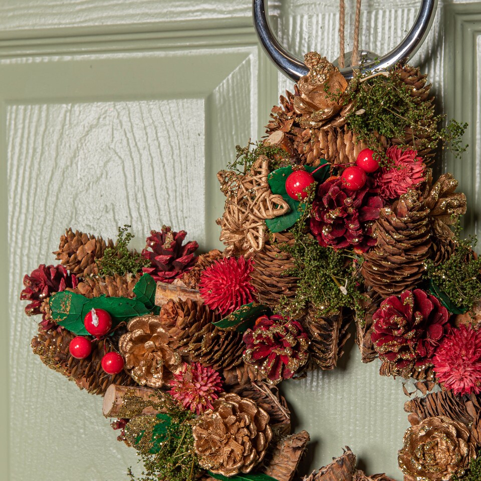 image 1 of 35cm Red Hanging Star Christmas Wreath with Red Berries and Pinecones