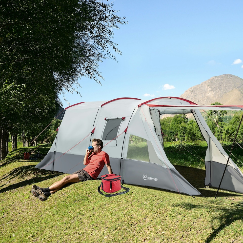 image 1 of Outsunny 6-8 Person Tunnel Tent, Two-room Camping Tent with Carry Bag, Grey