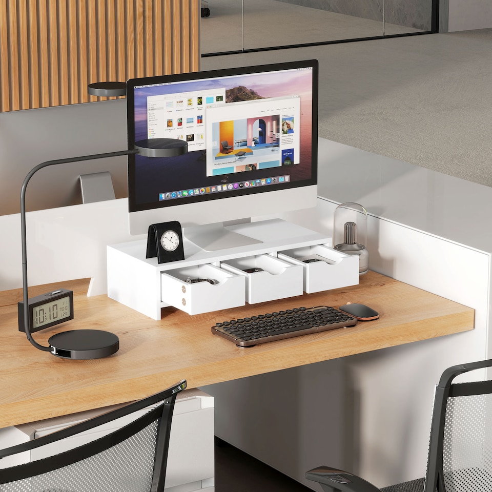 image 1 of HOMCOM Monitor Stand Riser with 3 Drawers, Monitor Riser for Laptop, Computer, PC, Small Printer, 51 x 24 x 13cm, White