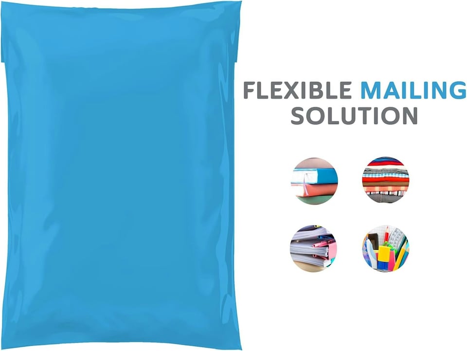 image 1 of Straame 100 Assorted Blue Postal Bags, Self-Seal, Flexible, Tear-Proof, 4 Sizes, 25 Each | Blue | DL | 100