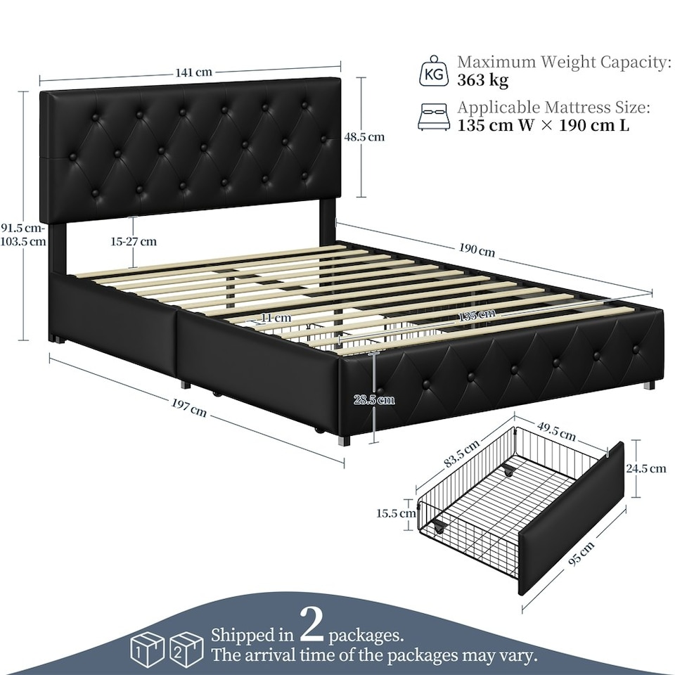 image 1 of Yaheetech 135 cm W x 190 cm L Bed Frame with Adjustable Headboard and 2 Drawers Black