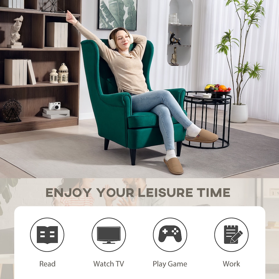 image 1 of HOMCOM Wingback Chair, Modern Accent Chair for Living Room Bedroom, Green | Green | Green