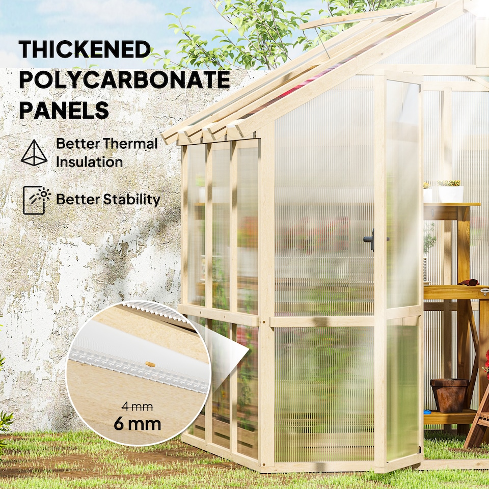 image 1 of Outsunny 6.6 x 6ft Wooden Polycarbonate Greenhouse with Lockable Door, Brown | Brown | Brown | 1