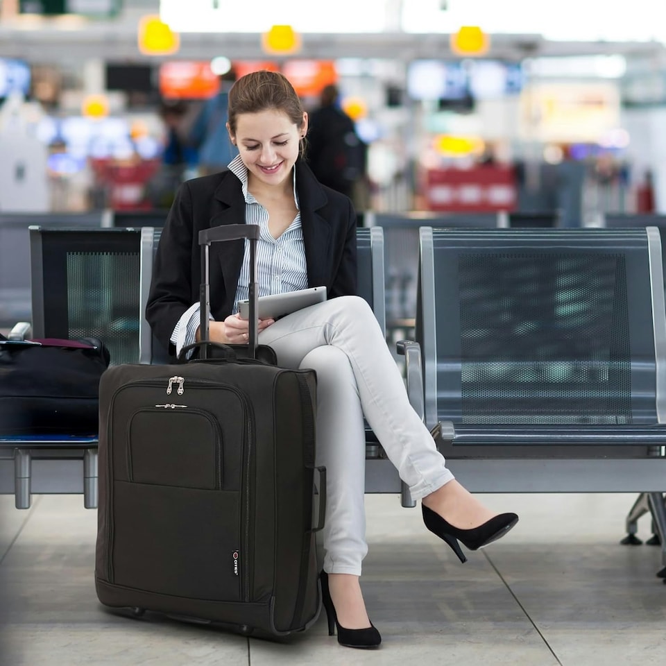 image 1 of 5 Cities 56x45x25 Trolley Bag EasyJet/British Airways/Jet2 Maximum Cabin Approved Carry On Suitcase 60L Capacity with 2 Wheels Lightweight Travel 2 YearWarranty Black | Black | Cabin Bag
