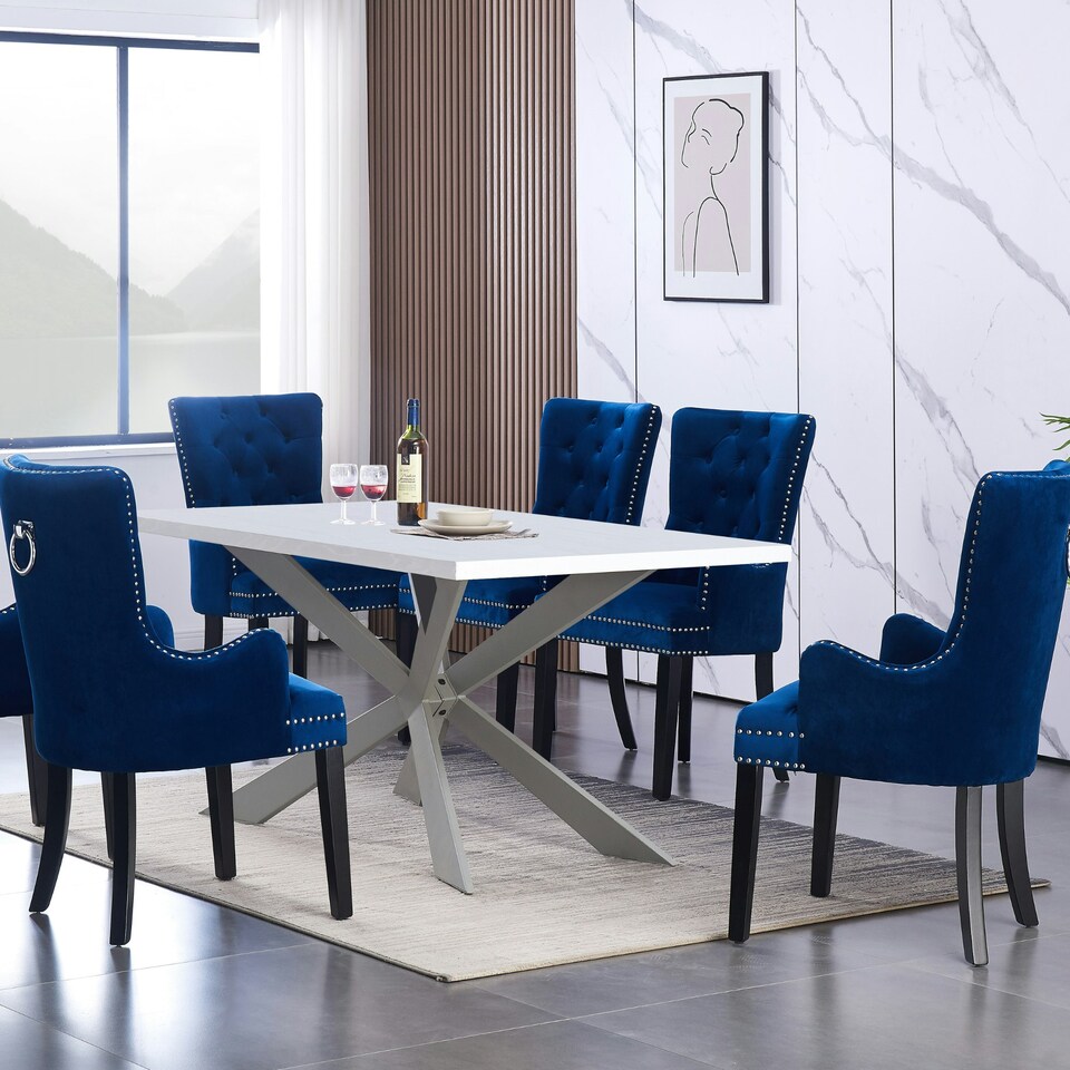 image 1 of Set of 4 Velvet Dining Chairs with Armrest, Ergonomic Scoop Knockerback & Button Tufted Wood Legs Blue