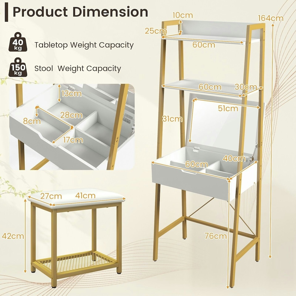 image 1 of COSTWAY 3 IN 1 Vanity Dressing Table Set Cushioned Stool | White