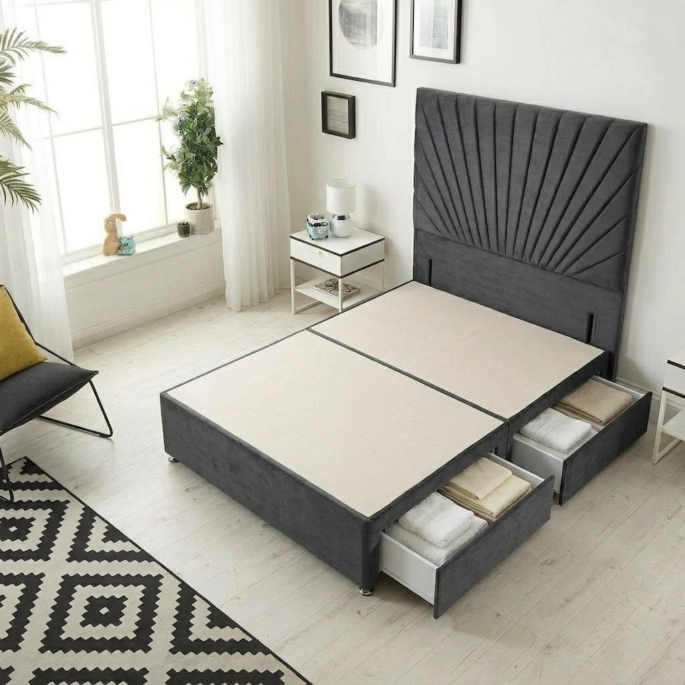 image 1 of Sunburst Divan Bed with 4 Drawers & 54'' Floor Standing Headboard Plush Velvet | Grey | Charcoal