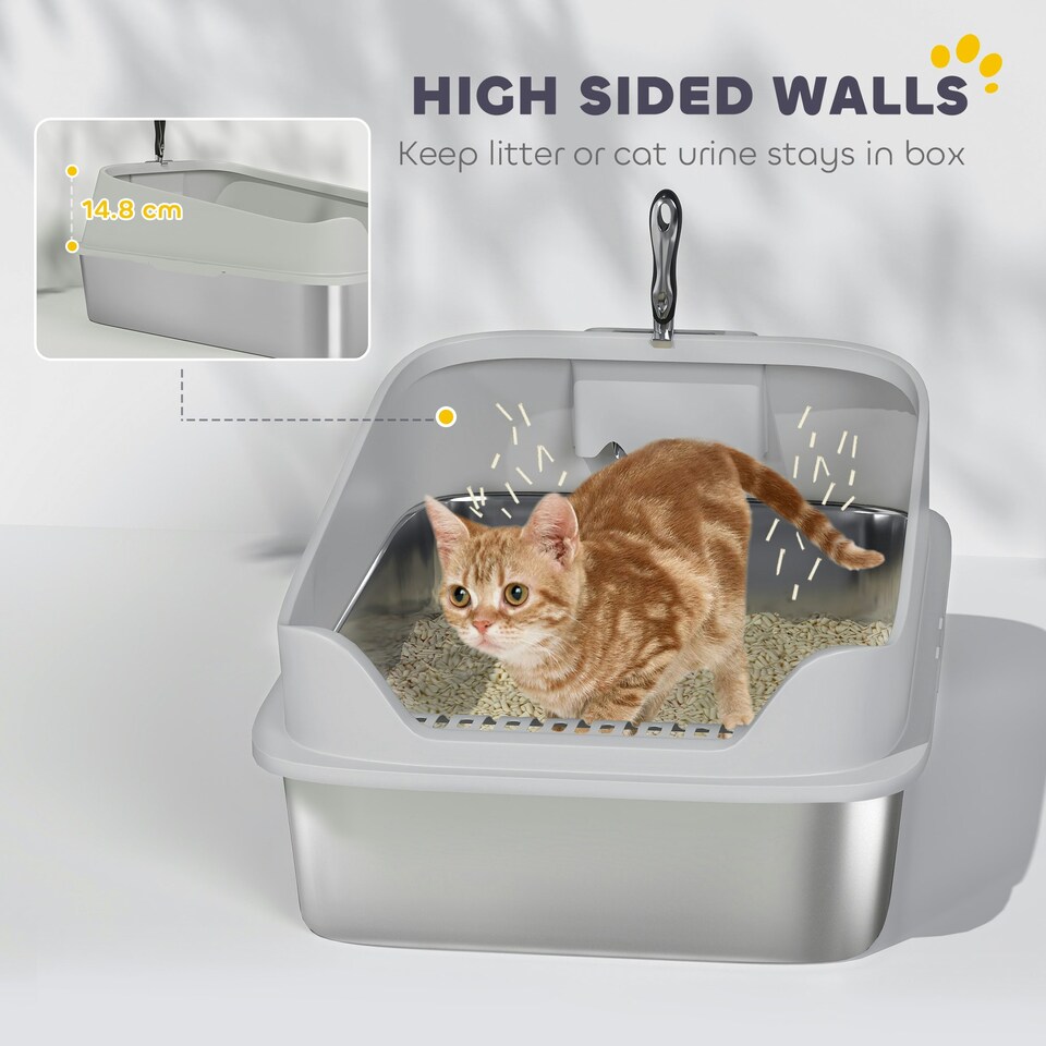 image 1 of PawHut Stainless Steel Cat Litter Box with High Sides Grey | L