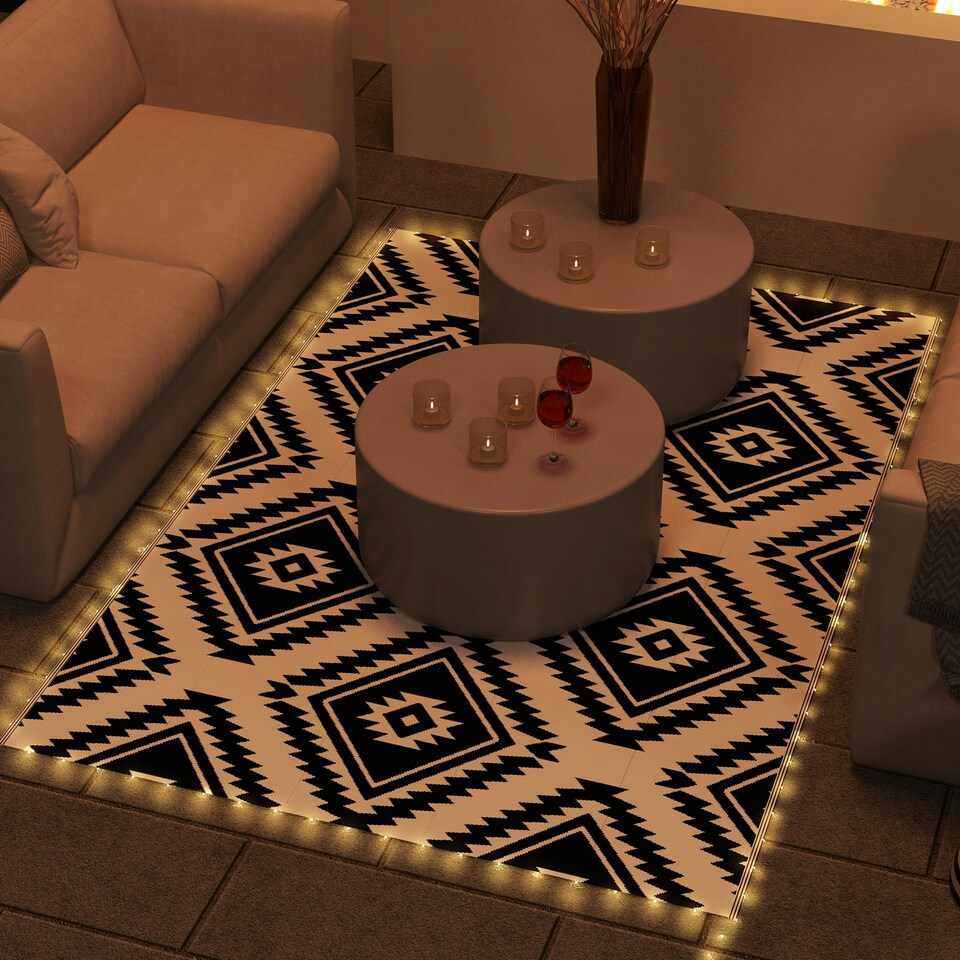 image 1 of Outsunny Waterproof Outdoor Rug W/ LED String Light, 182 x 274cm, Black & White Black | Black and Coffee