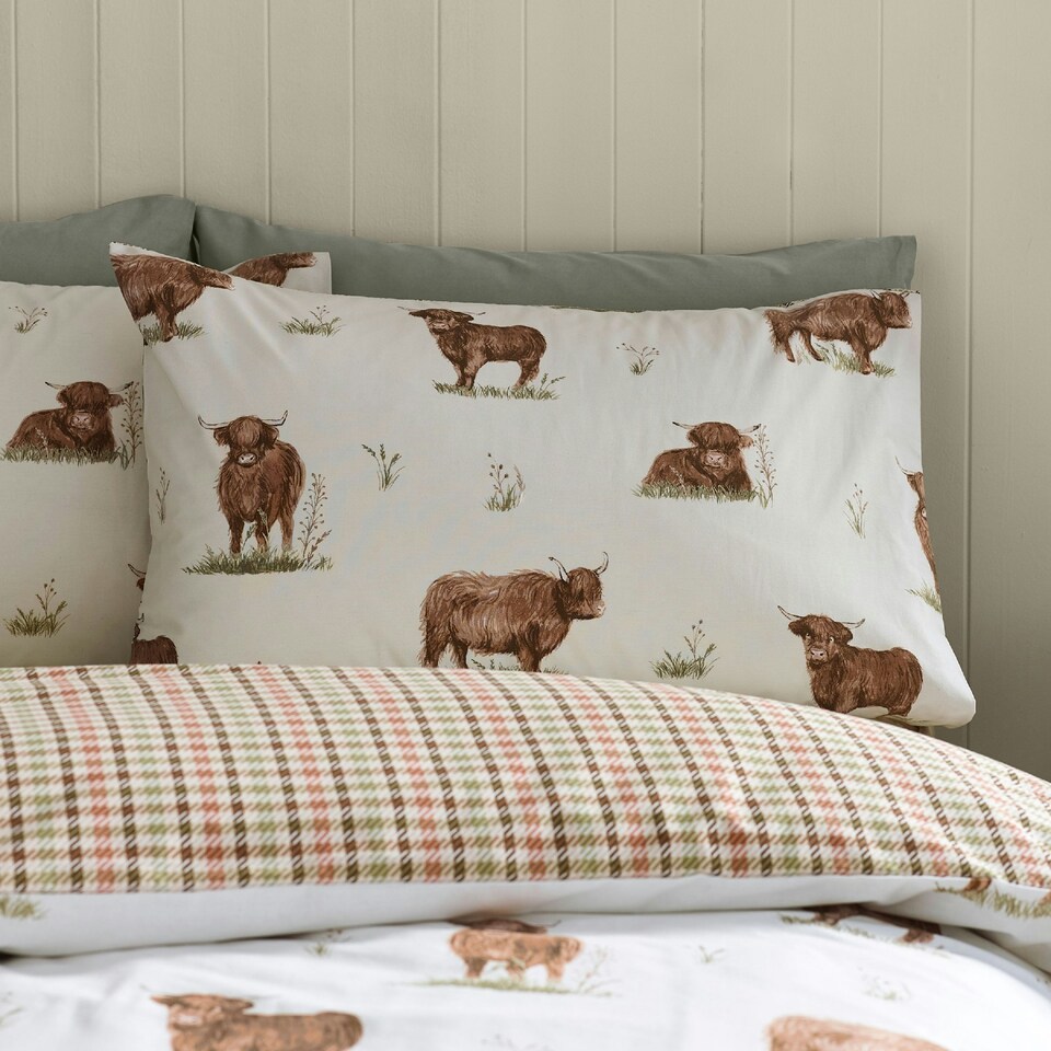 image 1 of Catherine Lansfield Angus Highland Cow Reversible Duvet Cover Set Natural Cream | Natural | King