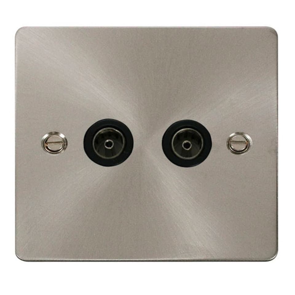SE HOME Flat Plate Satin / Brushed Chrome 2 Gang Twin Coaxial TV Socket - Black Trim - SE Home Black | Satin Chrome