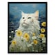 image 1 of White Cat Wildflowers Floral Meadow Oil Black Framed Wall Art Print A4