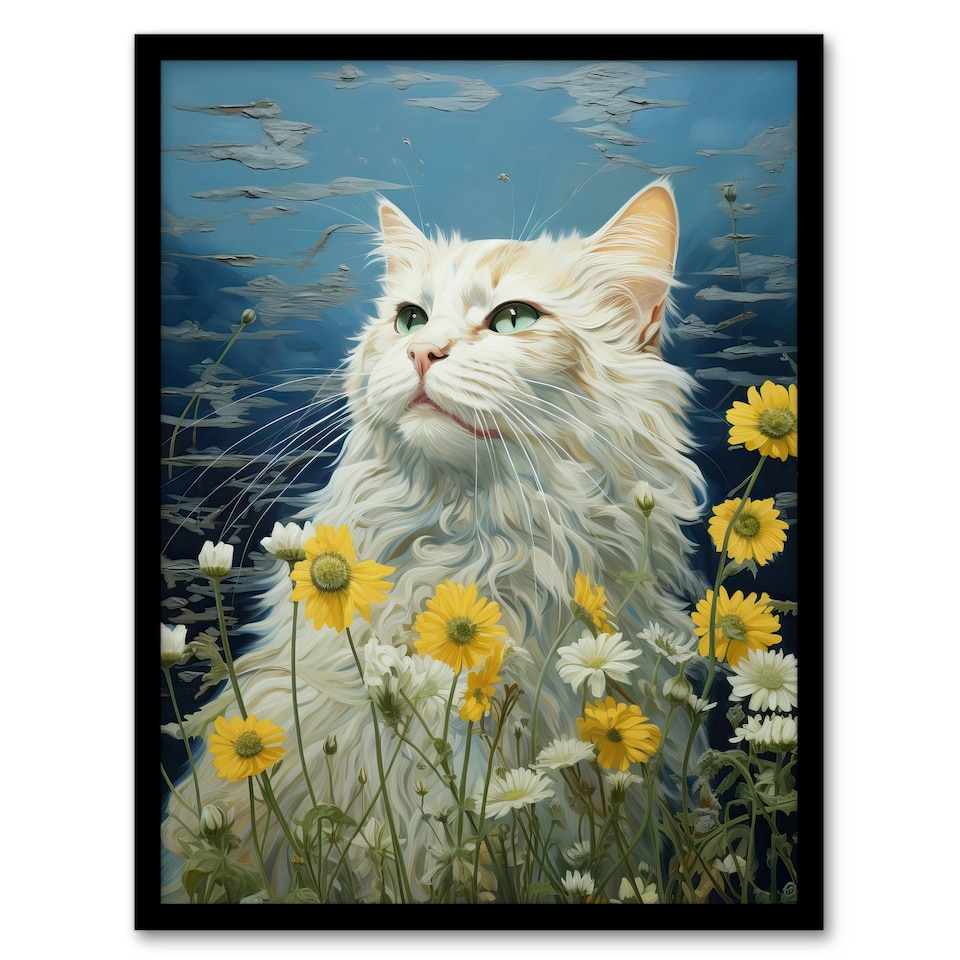 image 1 of White Cat Wildflowers Floral Meadow Oil Black Framed Wall Art Print A4