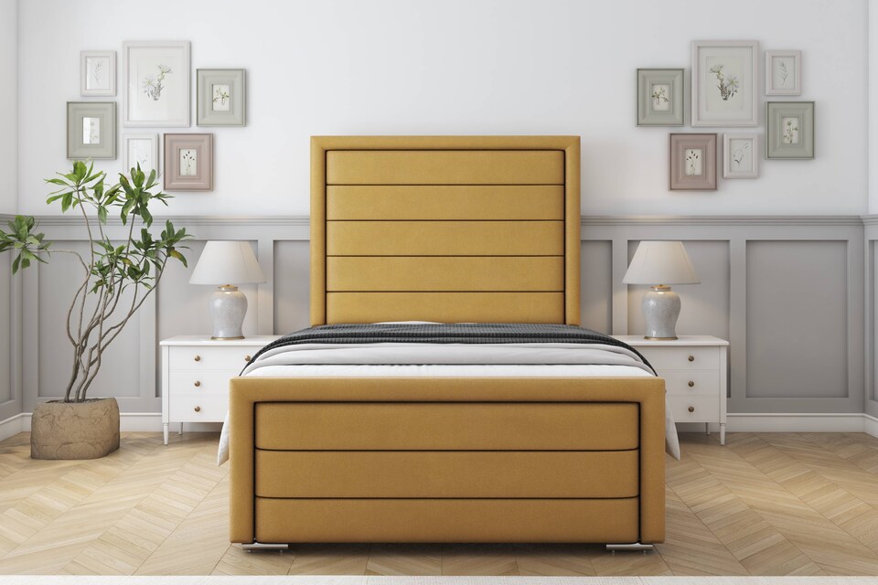 image 1 of Sloomy Ashford Mustard Plush Bed Frame With Mattress With 50" Upholstered Headboard 2'6 Small Single