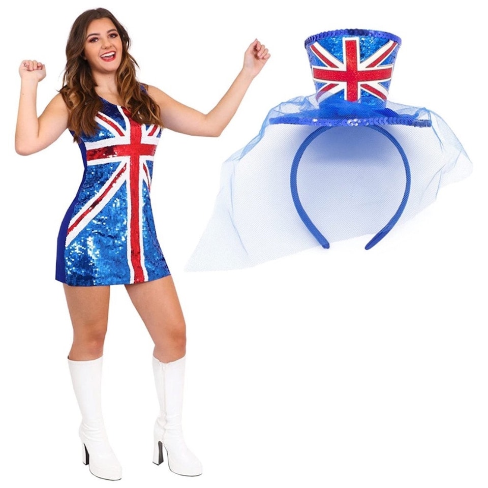 image 1 of Union Jack Sequin Dress & Fascinator Hat Headband Blue | XL