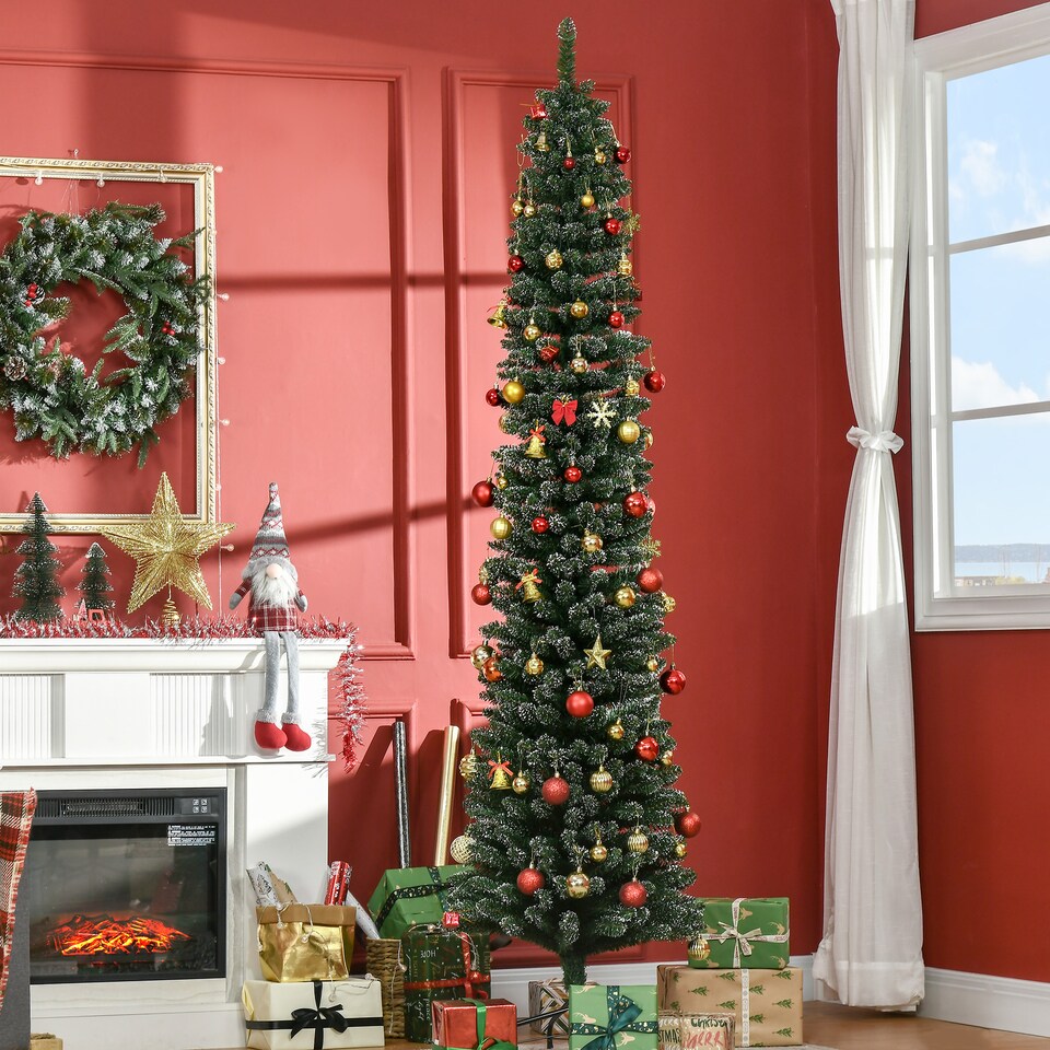image 1 of HOMCOM 7.5FT Artificial Snow Dipped Christmas Tree mas Pencil Tree Holiday Home Indoor Decoration with Foldable Black Stand, Green