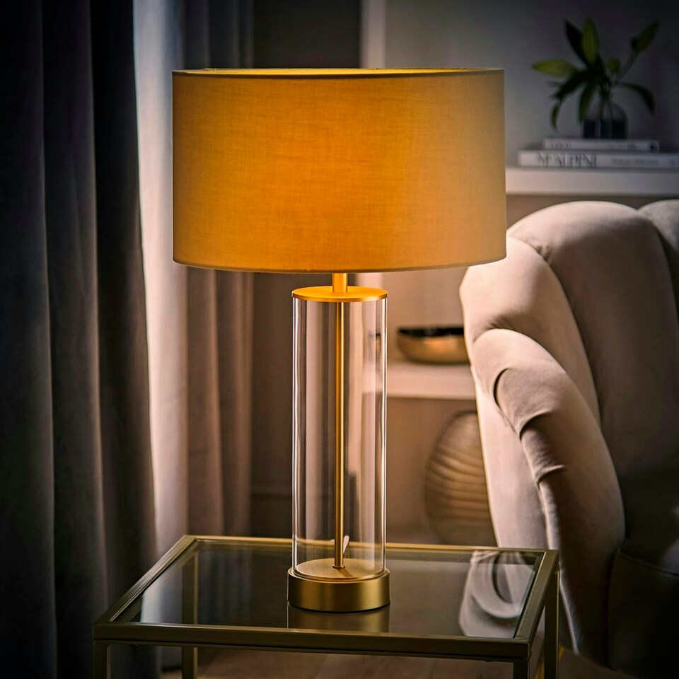 image 1 of ValueLights Contemporary Matt Gold & Clear Tube Table Lamp with a Beige Cylinder Shade - Complete with a 4w LED Globe Bulb 3000K Warm White Cream