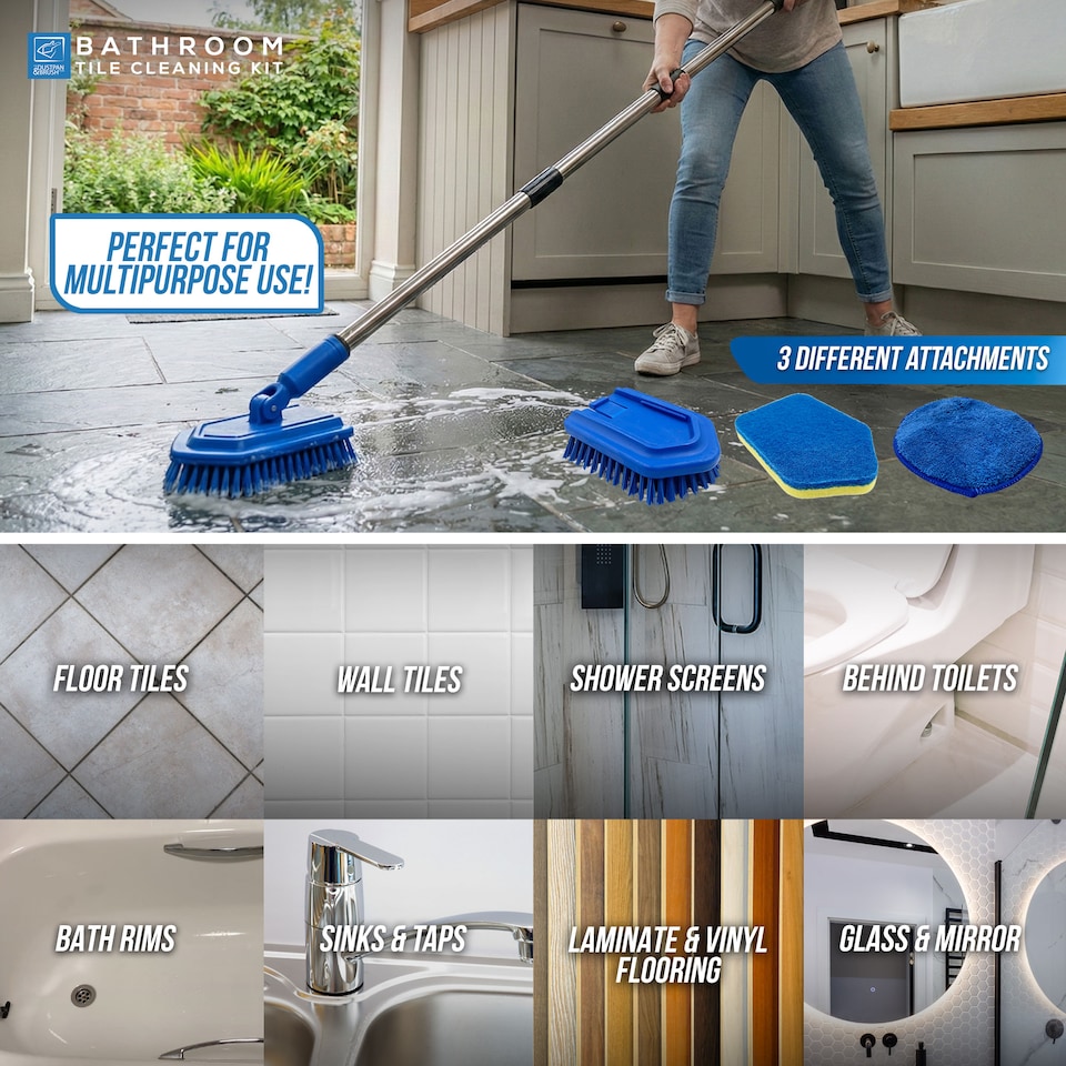 image 1 of Bathroom Cleaning Set Long Handled Tile Cleaning Kit