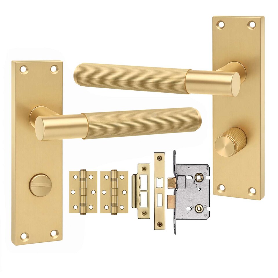 image 1 of Golden Grace 1 Pair Victorian T-Bar Linear Design Bathroom Door Handle Satin Brass Metal Tubular Latch Mortise Lock Set with Fixing Screws - 150mm x 40mm