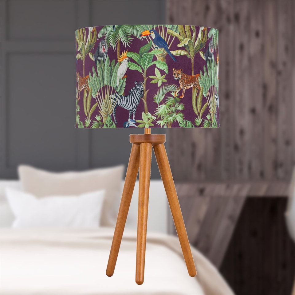 image 1 of Set of 2 Dark Oak Table Lamp or Bedside Lights with Safari Shades | Brown | Multi | Large | 2