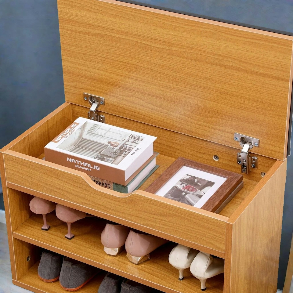 image 1 of Wooden Shoe Storage Bench With Cushioned Seat 60CM Brown
