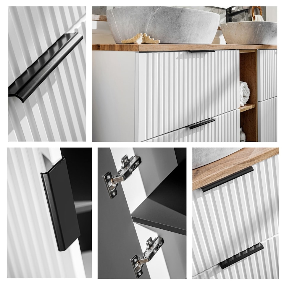 image 1 of Bathroom Vanity Unit 800mm Wall Hung Drawer Cabinet Ribbed Textured Fluted White Modern Floating Sink Unit Adel