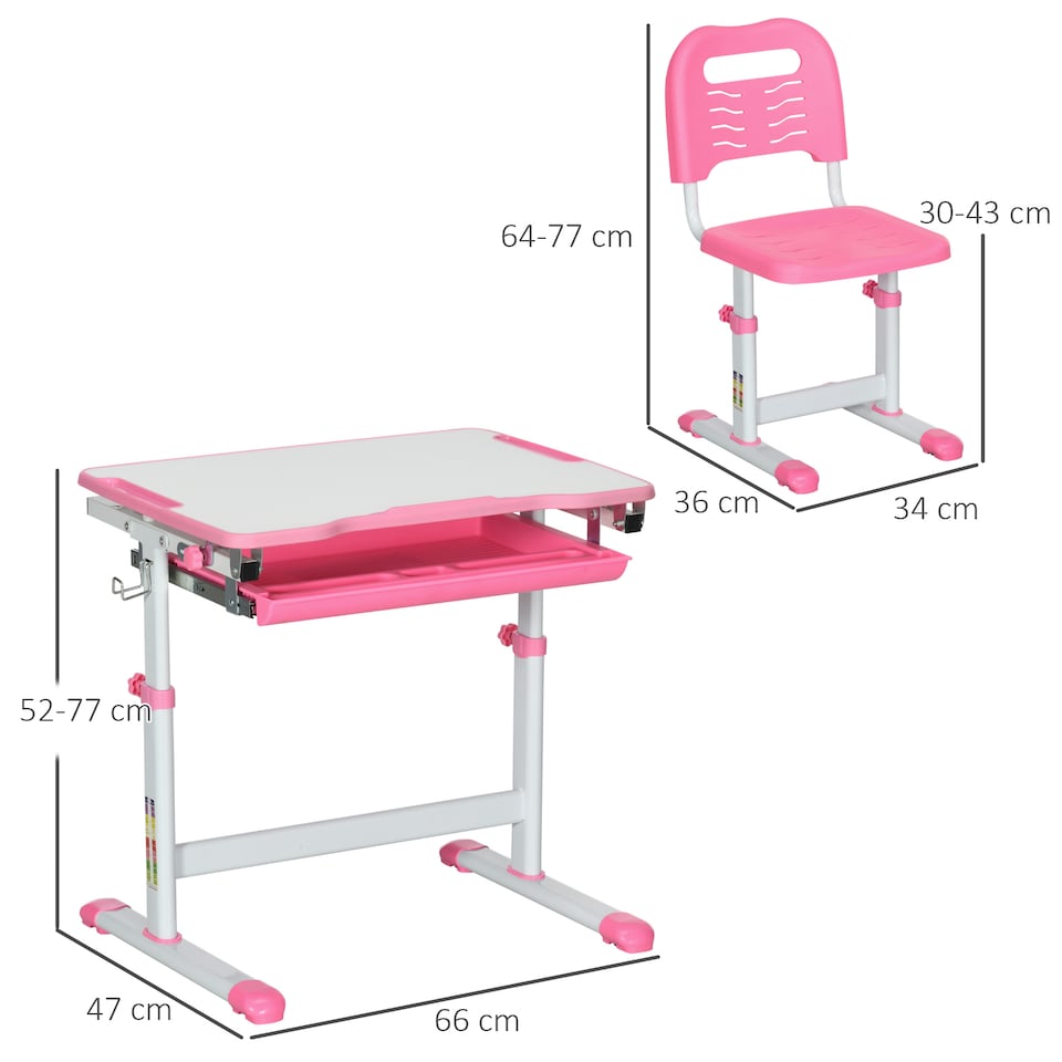 image 1 of HOMCOM Kids Desk and Chair Set Adjustable Tiltable with Drawer Pen Slot Hook | Pink