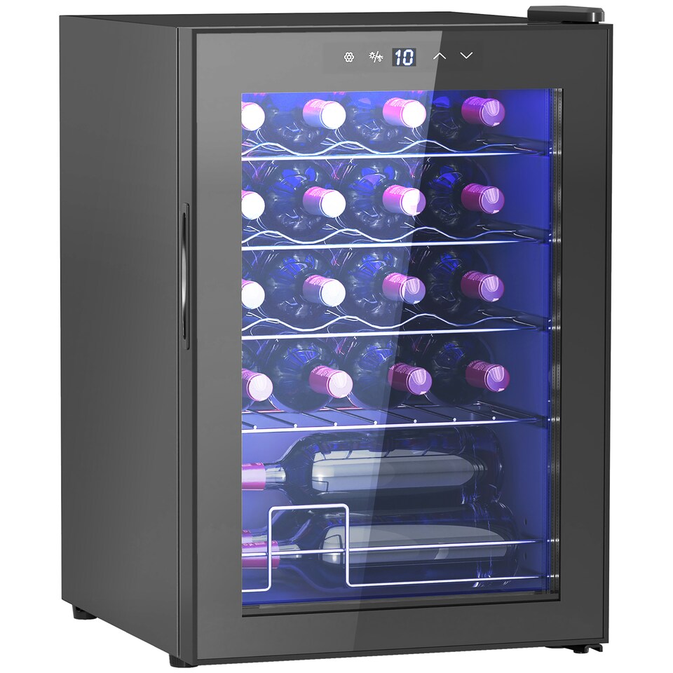 image 1 of HOMCOM 53L Wine Cooler, 20 Bottles, 5-18℃ Freestanding Wine Fridge with Glass Door, LED Light, Temperature Control and Digital Touch Screen, Black