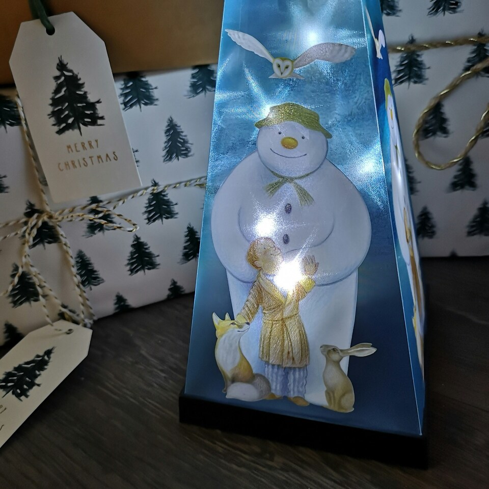 image 1 of 35cm Battery Operated Laser Pyramid Christmas Decoration - The Snowman and Friends