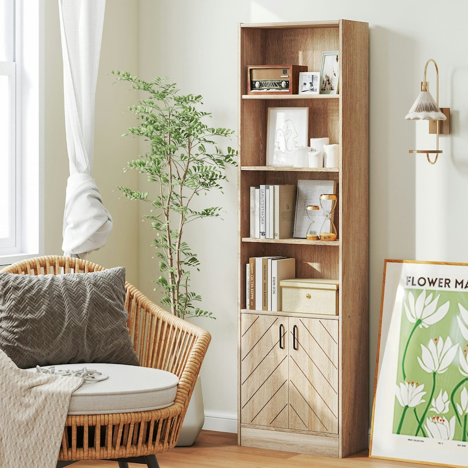 image 1 of COSTWAY 6-Tier Bookshelf Bookcase w/4 Open Cubes Oak Brown