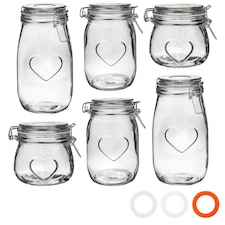 Nicola Spring Heart Glass Storage Jars - 3 Sizes - Clear Seal - Pack of 6