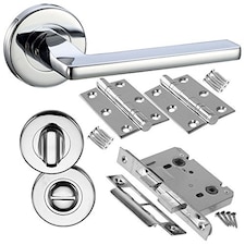 Golden Grace Leon Design Bathroom Door Handles Lever on Round Rose in Polished Chrome Finish with Pair of 3" Hinges, Bathroom Lock & Thumbturn Chrome