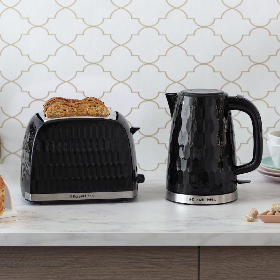 image 1 of Russell Hobbs Honeycomb Bundle Set with Kettle, 2 Slice Toaster, and Microwave Black HCBNDL2B