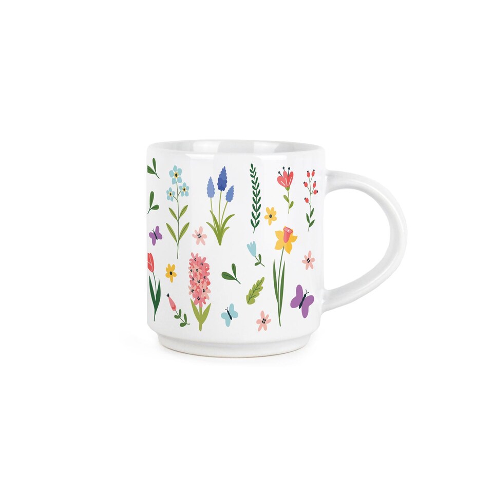 image 1 of Spring Flowers Stacking Mugs  - Wildflower Meadow Ceramic Tea/Coffee Cups -  Mug Gift Set with Metal Stand/Holder Set of 4 | White