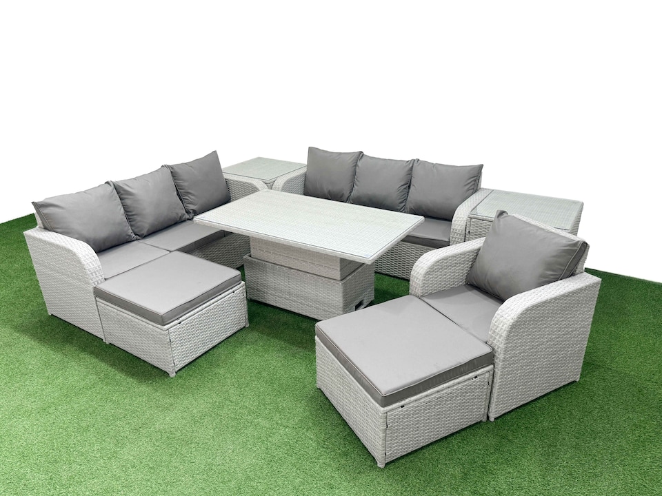 image 1 of Fimous 9 Seater Poly Rattan Outdoor Garden Furniture Adjustable Lifting Dining or Coffee Table Sofa Set Patio 3 Seater Sofa Reclining Chair 3 Seater Sofa 2 Big Footstools 2 Side Table Light Grey