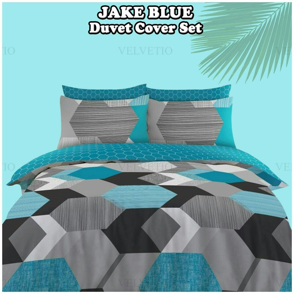 image 1 of VELVETIO Jake Complete Duvet Cover Set with Fitted Sheet Soft Printed Bedding Bedset Blue | King