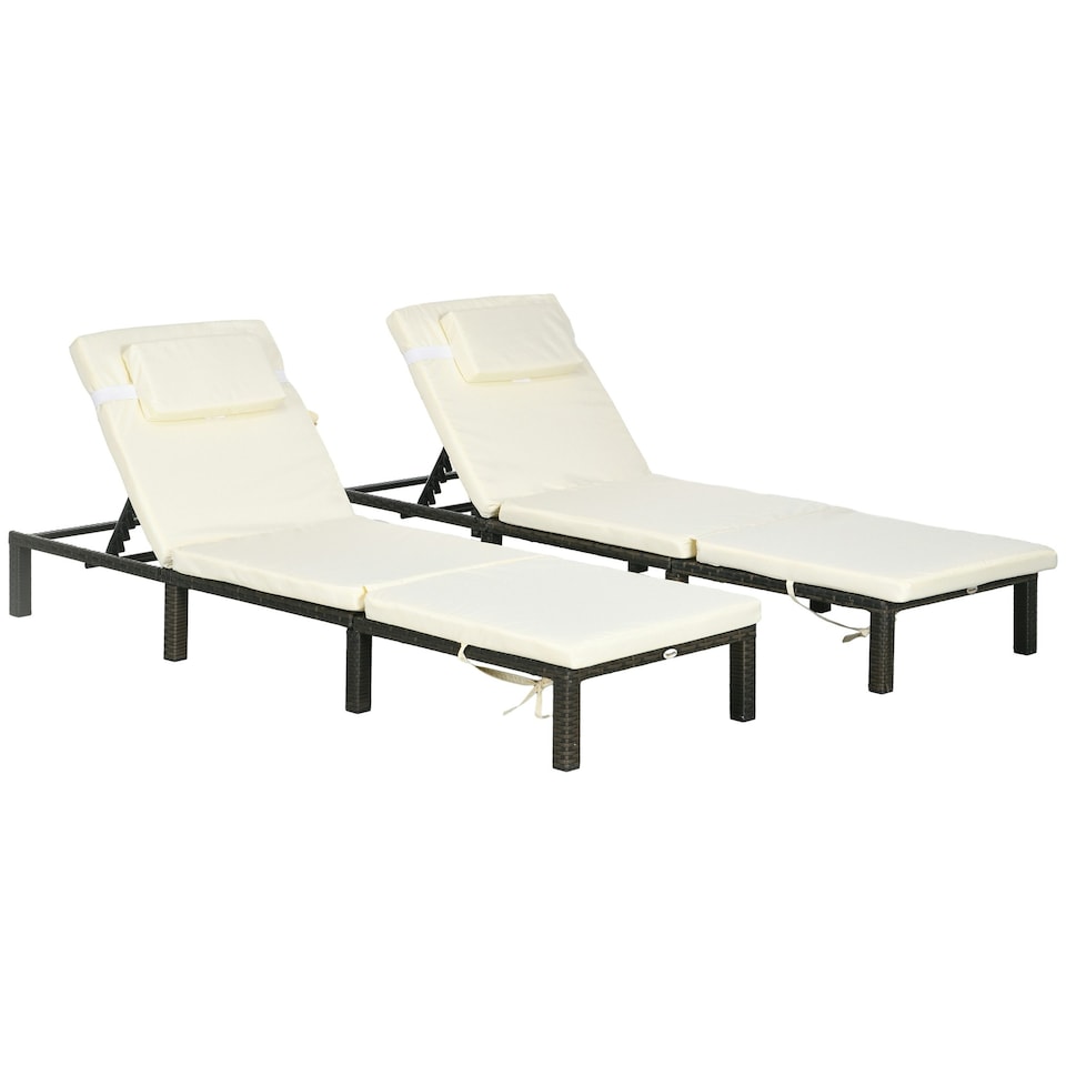 image 1 of Outsunny 2 Pieces Rattan Sun Loungers w/ Padded Cushion for Poolside Cream White