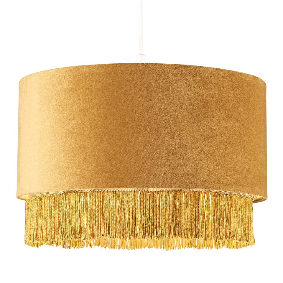 image 1 of Modern Ochre Mustard Drum 14" Pendant Shade with Tassels and Embroidered Trim | Yellow | Ochre | 1