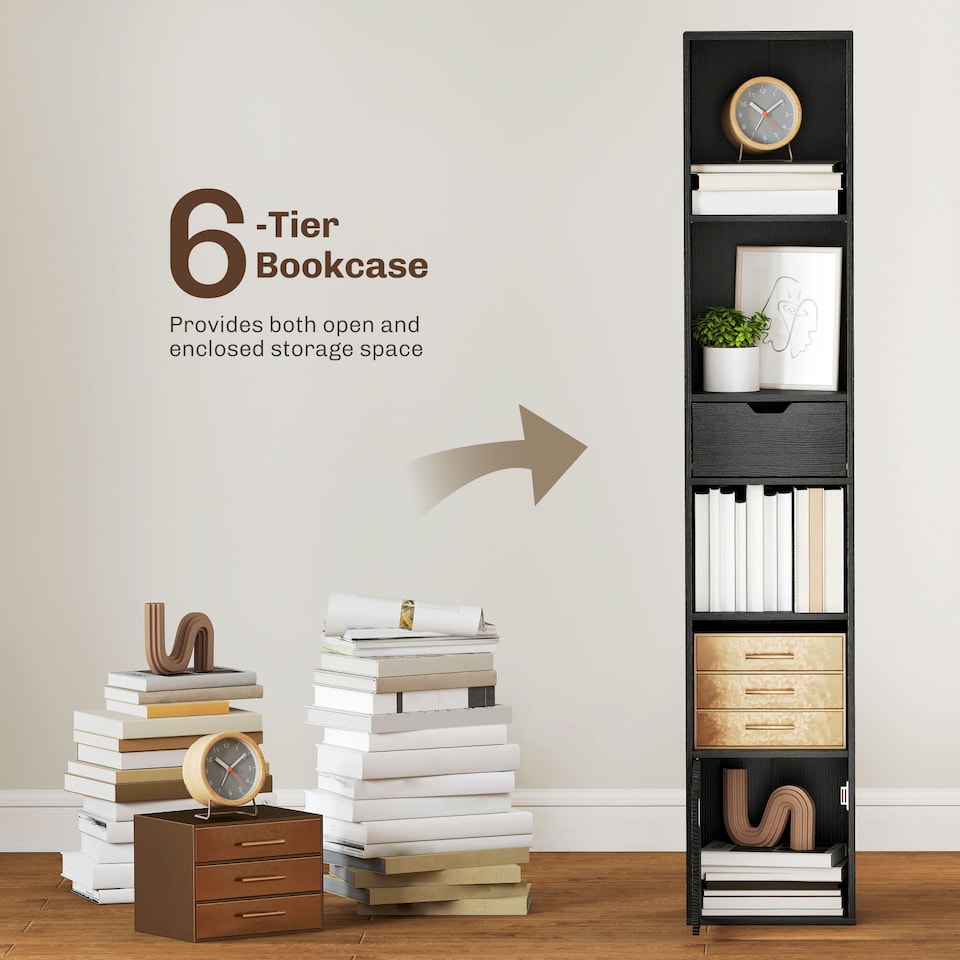 image 1 of HOMCOM 6-Tier Bookcase, Tall Narrow Bookshelf with Drawer, Door, Adjustable Shelf, Modern Display Standing Shelving Unit for Living Room, Home Office, Bedroom, 30 x 24 x 158 cm, Black | Black | Black