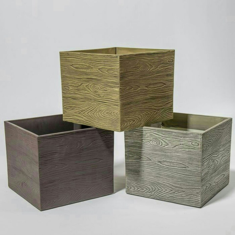 image 1 of Primrose Cube Square Flower Pot Grey Outdoor Wood-Effect Resin Planter 36cm