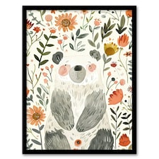 Happy Baby Bear with Flowers Watercolour Kids Black Framed Wall Art Print A4