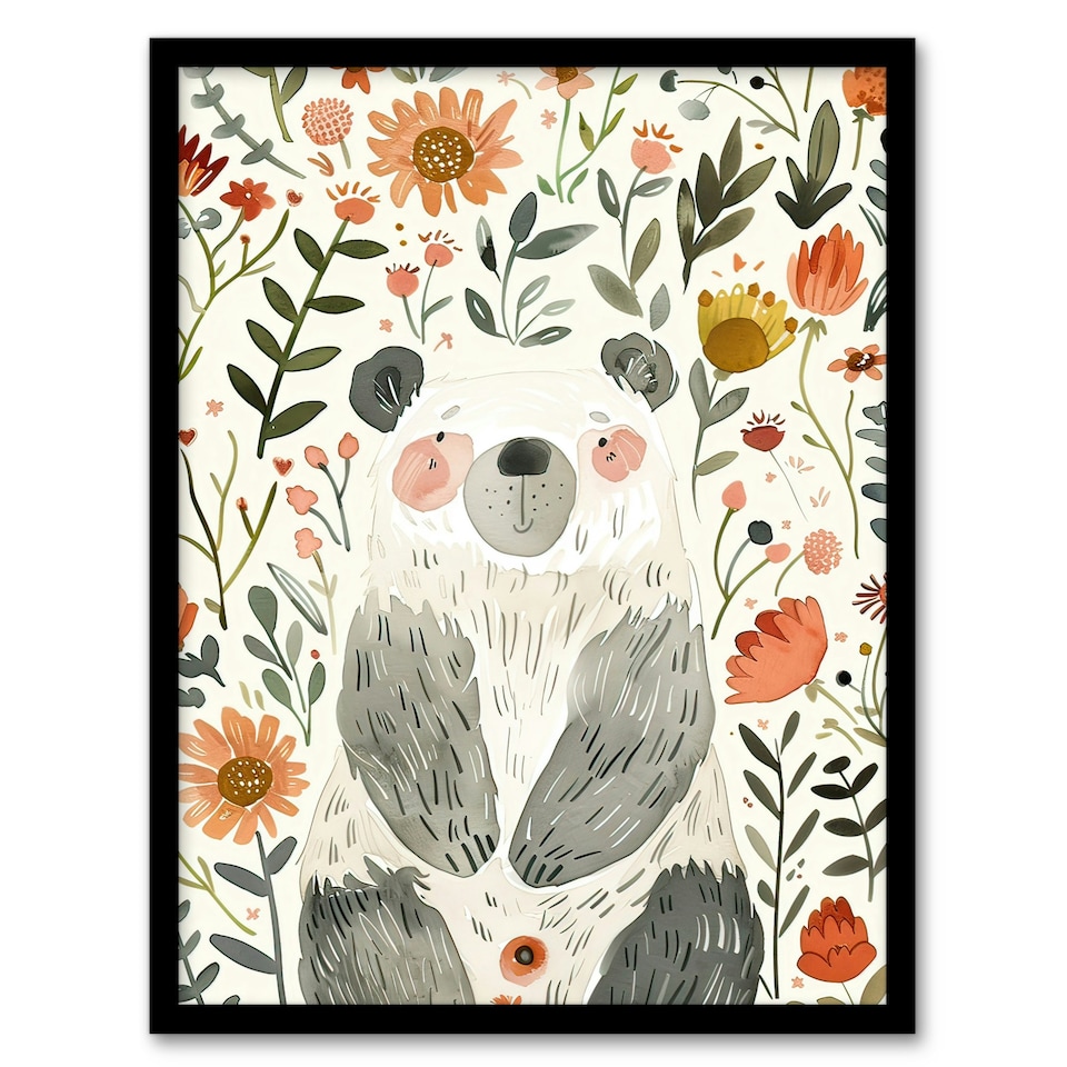 image 1 of Happy Baby Bear with Flowers Watercolour Kids Black Framed Wall Art Print A4