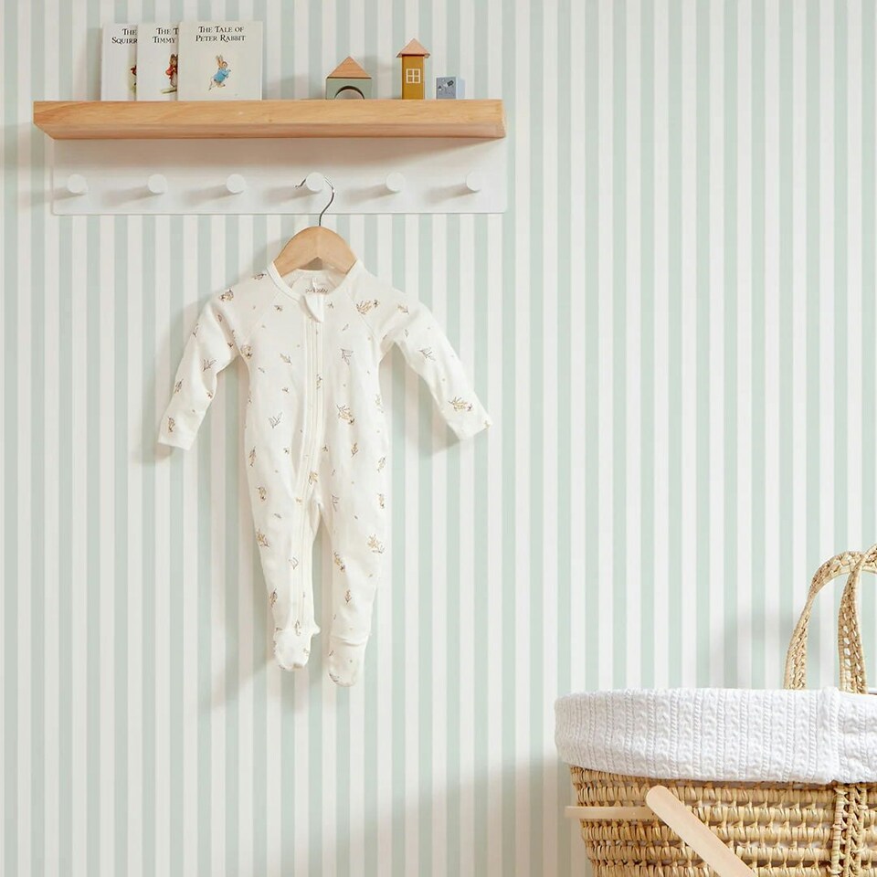 image 1 of Classic Stripe Wallpaper in Soft Mint Multi