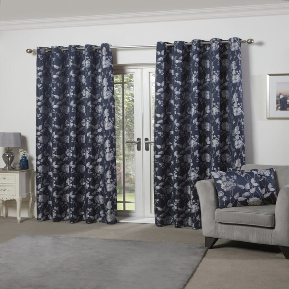 image 1 of Meadows Lined Eyelet Jacquard Curtains 228cm x 183cm Navy Blue | Blue