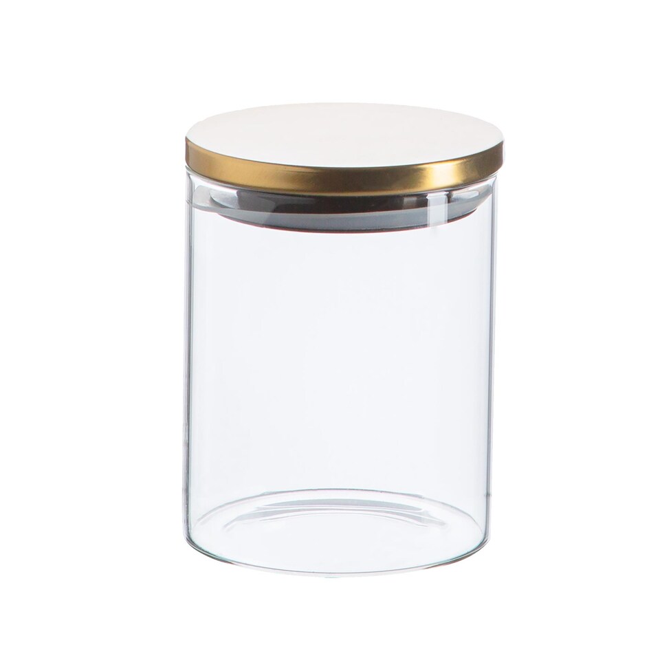 image 1 of Argon Tableware Glass Storage Jar - Gold Lid - 750ml - Modern Round Scandi Organisation Container Glass Jar