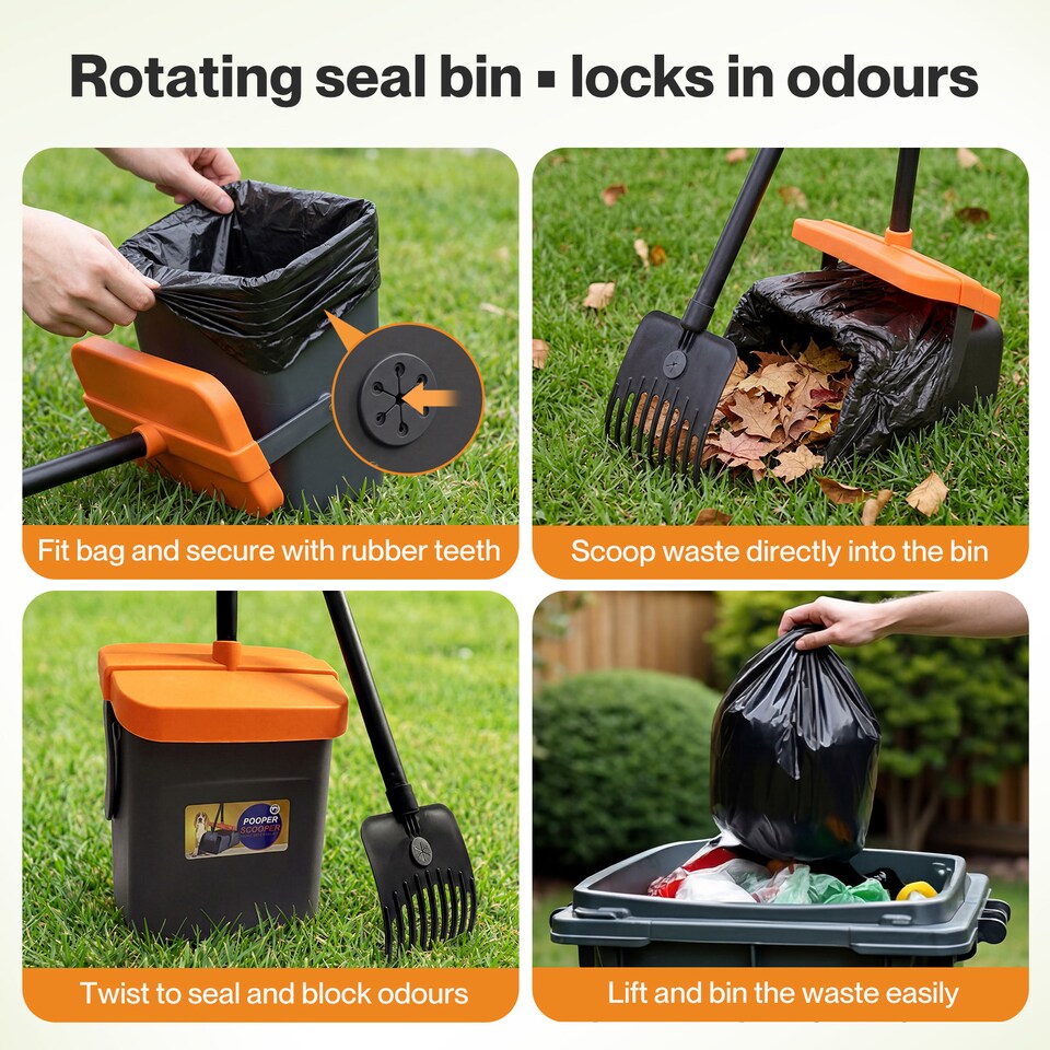 image 1 of Skylos Pooper Scooper Swivel Bin Rake with Waste Bags Pet Clean Pet Waste