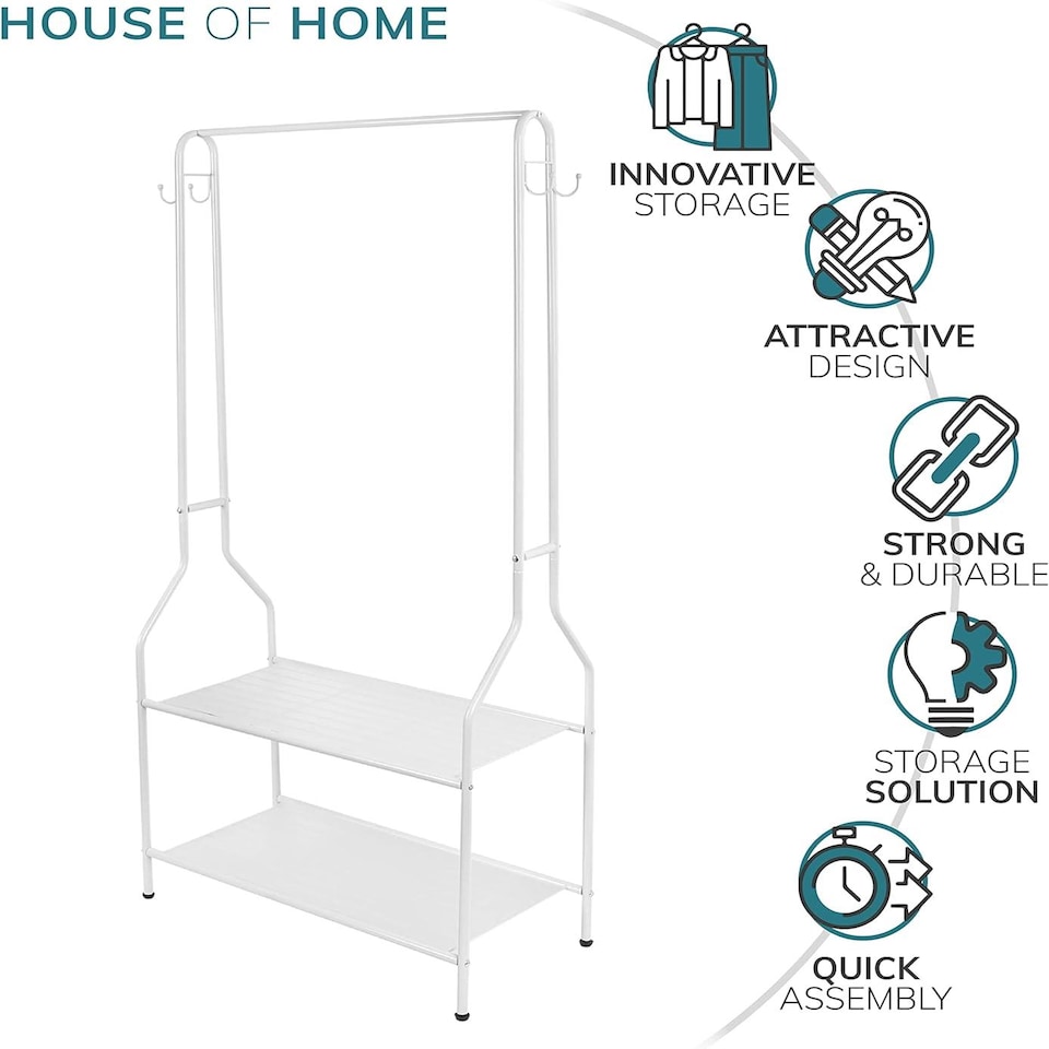image 1 of House of Home Clothes Rack Steel White Clothing Rail With Two Shelves Hanging Hooks 5ft Height | White