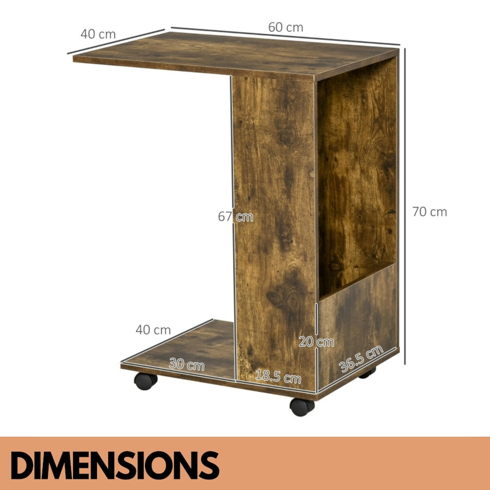 image 1 of Industrial Brown C Shaped Side Table With Storage & Wheels Brown